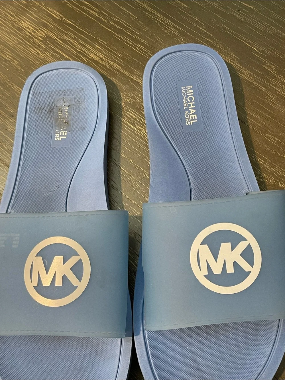 Michael Kors Light Blue MK Logo Slide Sandals